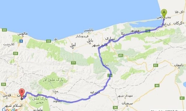 مسیر بندر انزلی به بندر ترکمن